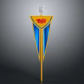 Yellow And Blue Pennant With Red Emblem Silver Ornament And Yellow Pole