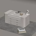 White Vanity Table With Drawers Tray And Table Lamp On Gray Rug And Book Below