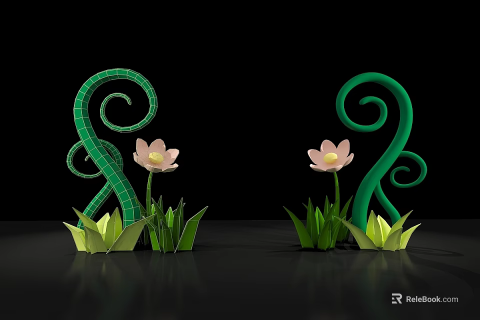 Modern Commercial Decorative Equipment With Green Spirals Pink Flowers And Leaves 3d model 