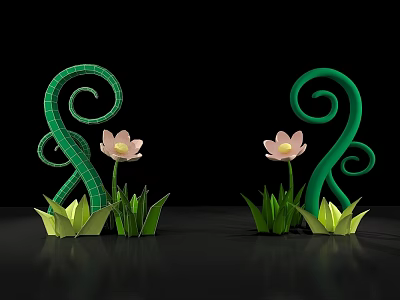 Modern Commercial Decorative Equipment With Green Spirals Pink Flowers And Leaves 3d model