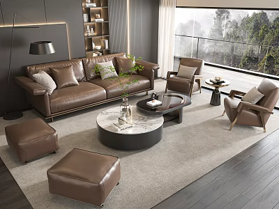 Modern Leather Sofa And Coffee Table Set With Ottoman And Marble Top In Living Room 3d model