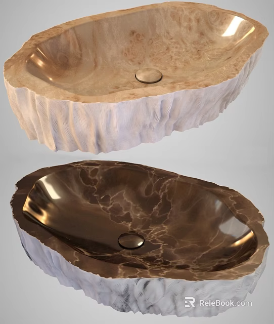Natural Texture Oval Washbasin Design With Rustic Wooden And Stone Finish 3d model 