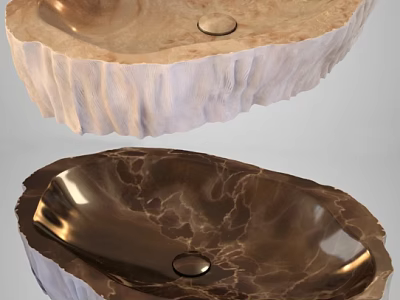 Natural Texture Oval Washbasin Design With Rustic Wooden And Stone Finish 3d model