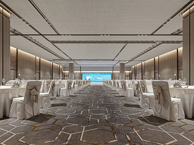 Modern Spacious Banquet Hall With Neatly Arranged White Tables Chairs Geometric Pattern Carpet Ceiling Light Strips Columns Both Sides And Front Screen 3d model