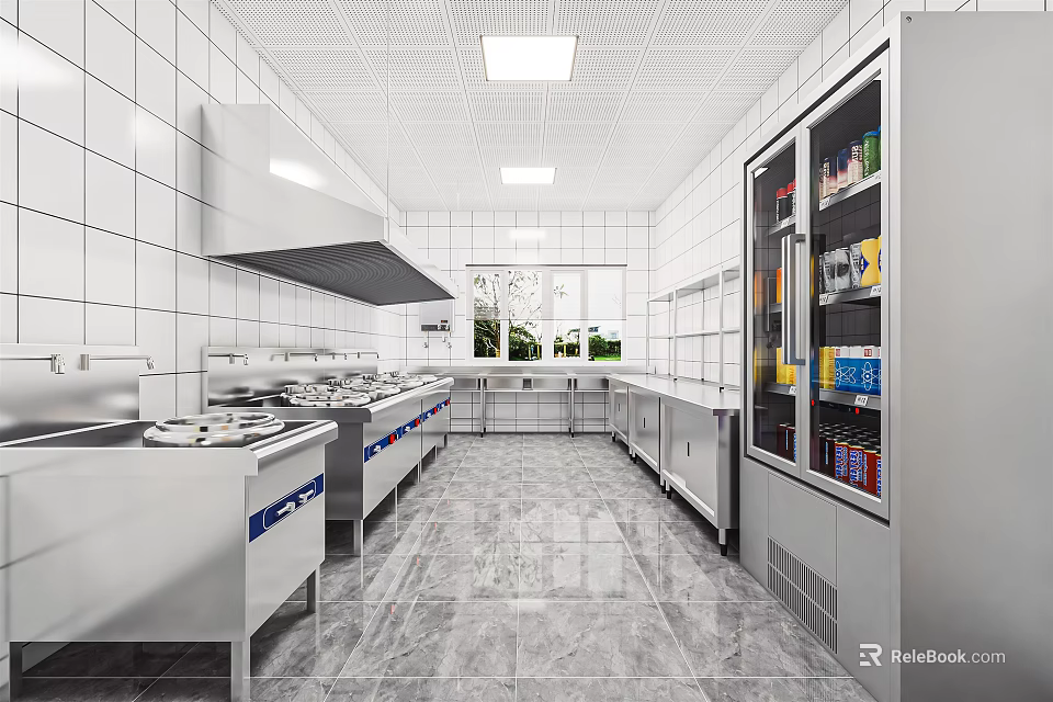 Commercial Kitchen Interior with Stainless Steel Appliances Tiled Walls Multiple Burners and Refrigerator 3d model 