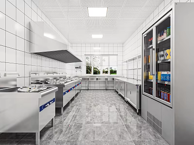 Commercial Kitchen Interior with Stainless Steel Appliances Tiled Walls Multiple Burners and Refrigerator 3d model