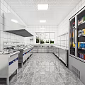 Commercial Kitchen Interior with Stainless Steel Appliances Tiled Walls Multiple Burners and Refrigerator