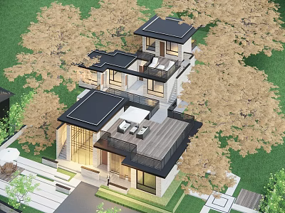 Modern Detached Villa With Large Windows Terrace And Greenery Surrounded By Trees 3d model