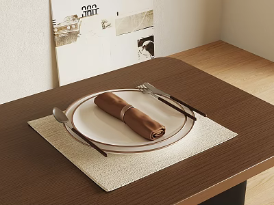 Stylish Dinnerware Set with Plate Napkin Fork Spoon on Woven Placemat Wooden Table 3d model