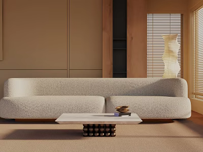 Stylish Three-Seater Sofa In Modern Living Room With Coffee Table Floor Lamp And Window Blinds 3d model