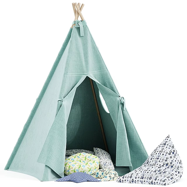 Light Green Tepee Style Tent With Lace Up Door And Decorative Cushions 3d model 