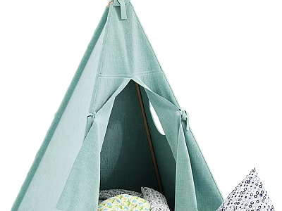 Light Green Tepee Style Tent With Lace Up Door And Decorative Cushions 3d model