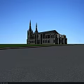 European Style Architecture With Gothic Spires Stone Facade Arched Windows Black Roof And Green Lawn
