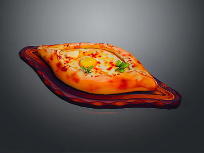 Delicious Baked Flatbread With Fried Egg And Fresh Herbs On Wooden Tray 3d model