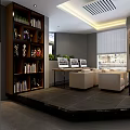 Modern Internet Cafe Interior With Comfortable Seating Computers Bookshelves And Plants 3d model