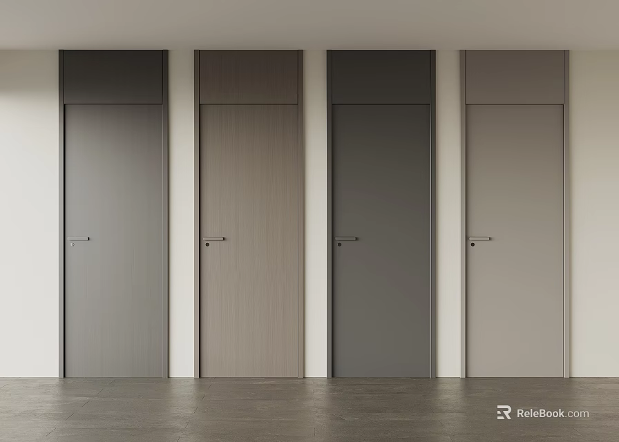 Four Modern Hinged Doors With Various Tones Sleek Design White Walls Gray Floor 3d model 
