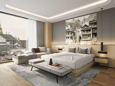 Modern Hotel Guest Room Interior Design With King Bed Large Window And Decorative Art 3d model