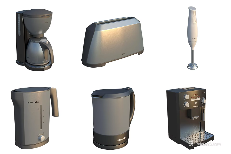 Essential Kitchen Appliances Including Coffee Maker Toaster Kettle And Hand Blender 3d model 