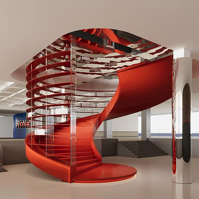 Red Spiral Staircase With Glass Railing In Modern Interior 3d model