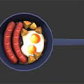 Blue Frying Pan With Red Sausages Fried Egg And Yellow Potato Chunks