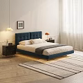 Blue Tufted Double Bed With Nightstands Table Lamps Area Rug And White Wall Art