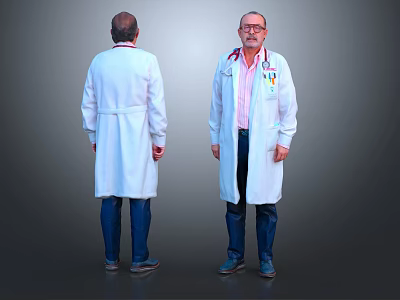 Man In White Coat With Stethoscope Front And Back Views On Gray Background 3d model