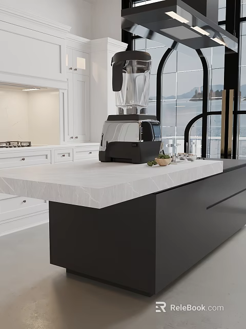 Modern Open Kitchen Interior With White Cabinets Black Countertop And Blender 3d model