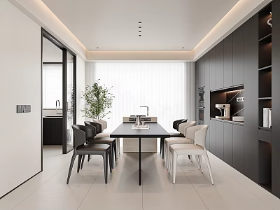 Modern Restaurant Interior Design With Dining Table Black White Chairs And Cabinets 3d model