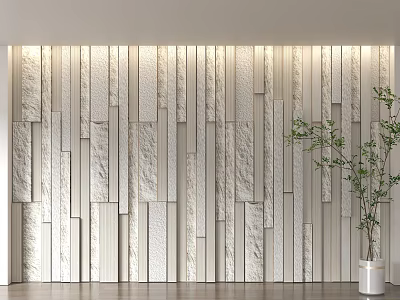 Minimalist Neutral Tones Background Wall With Vertical Slats And Potted Plant 3d model