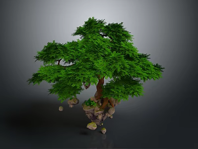Floating Green Tree With Stones At Base And Gray Background 3d model