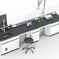 Laboratory Interior Setup With White Cabinets Black Countertop Faucet Reagent Bottles And Stool