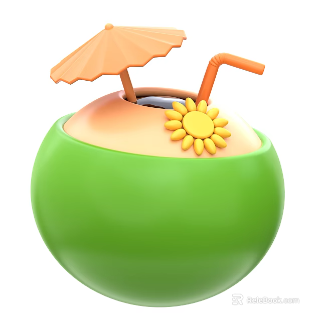 Fresh Green Coconut with Orange Top Decorated by Small Umbrella Straw and Sunflower 3d model 
