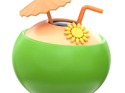 Fresh Green Coconut with Orange Top Decorated by Small Umbrella Straw and Sunflower 3d model