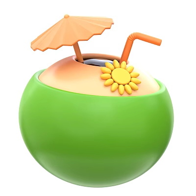 Fresh Green Coconut with Orange Top Decorated by Small Umbrella Straw and Sunflower 3d model