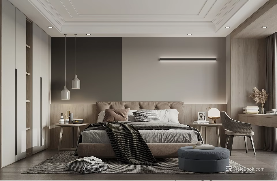 Modern Minimalist Bedroom Interior With Bed Nightstands Pendant Lights And Wooden Accents 3d model 