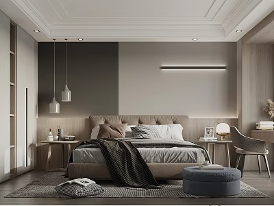 Modern Minimalist Bedroom Interior With Bed Nightstands Pendant Lights And Wooden Accents 3d model
