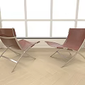 Brown Leather Single Chairs With Metal Frame On Wooden Floor By Large Windows And Curtains