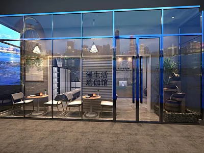 Modern Yoga Studio Mall Store With Glass Facade Interior Tables Chairs And City View 3d model
