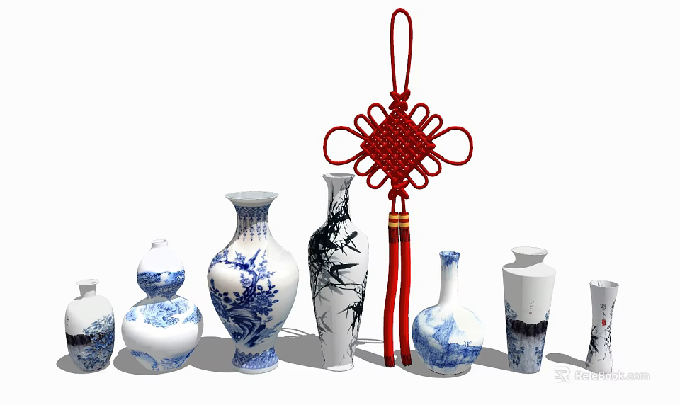 Chinese Style Decorative Vases With Blue White Floral Patterns Various Designs And Red Chinese Knot 3d model 