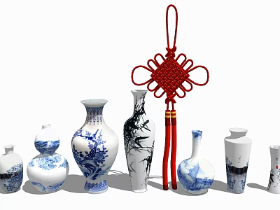 Chinese Style Decorative Vases With Blue White Floral Patterns Various Designs And Red Chinese Knot 3d model