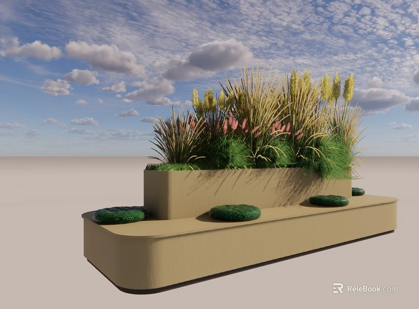 Plaza Landscape Design With Tiered Planters Green Plants Grasses And Flowers Under Blue Sky 3d model 