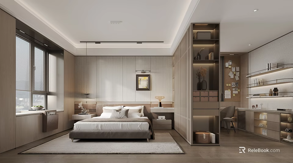 Modern Bedroom Interior Design With Bed Wooden Wardrobe Desk And Decorative Painting 3d model 
