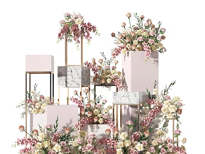 Elegant Floral Installation with Geometric Stands Marble Accents and Pink White Blooms 3d model