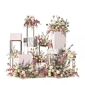 Elegant Floral Installation with Geometric Stands Marble Accents and Pink White Blooms