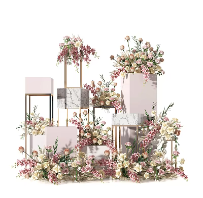 Elegant Floral Installation with Geometric Stands Marble Accents and Pink White Blooms 3d model
