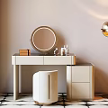 Modern Dressing Table With Round Mirror Padded Stool Floor Lamp On Geometric Patterned Floor 3d model