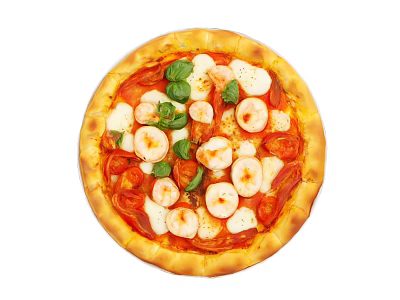 Delicious Fresh Homemade Pizza Topped with Shrimp Mozzarella Tomato and Basil 3d model