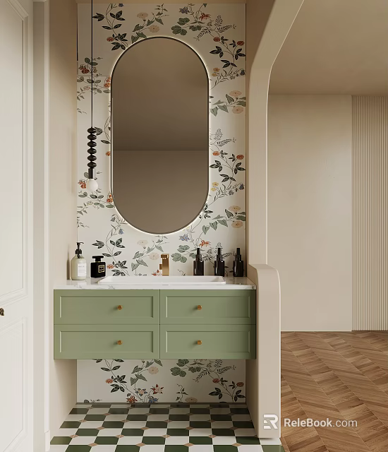 Stylish Other Bathroom Interior With Floral Wallpaper Green Vanity Round Mirror And Toiletries 3d model 