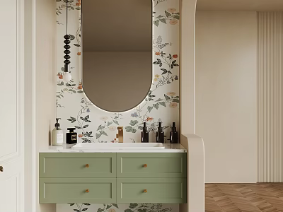 Stylish Other Bathroom Interior With Floral Wallpaper Green Vanity Round Mirror And Toiletries 3d model