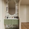 Stylish Other Bathroom Interior With Floral Wallpaper Green Vanity Round Mirror And Toiletries